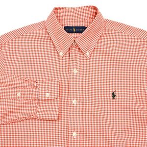Polo Ralph Lauren Shirt Mens Medium Orange White Plaid Gingham Check Preppy L/S